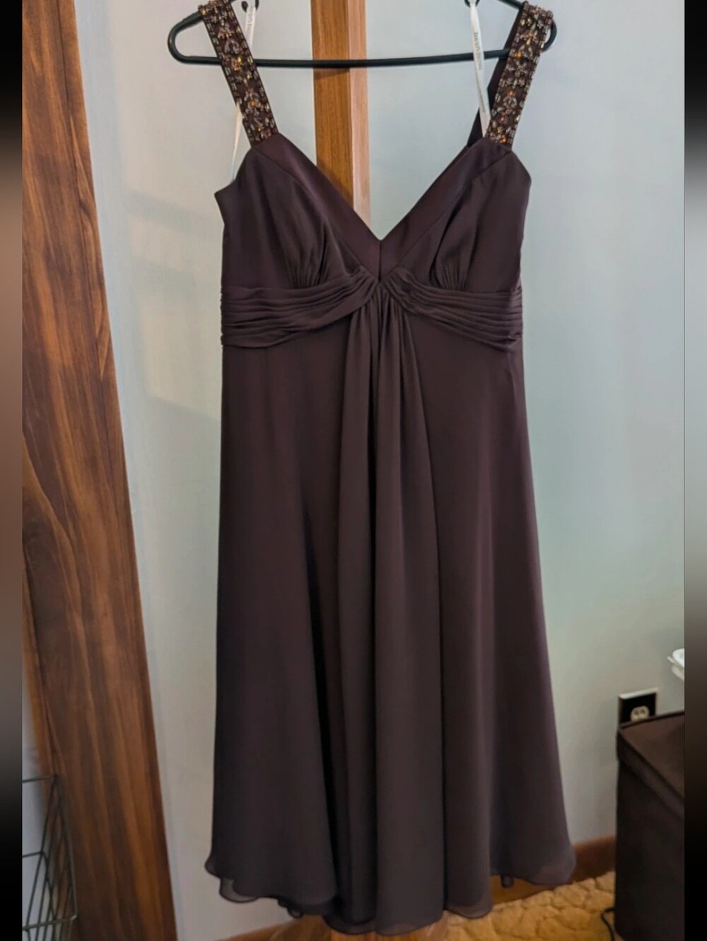 David's Bridal Chocolate Brown Beaded-Strap V-Neck Midi Dress